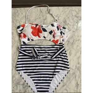Cup She Swimsuit Med‎ Hollow Front Halter Strapless One Piece Stripe Floral